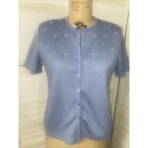 Vintage Blue Poly Knit Twin Set Knit Top Blouse Beaded 80s 90s Sz Medium
